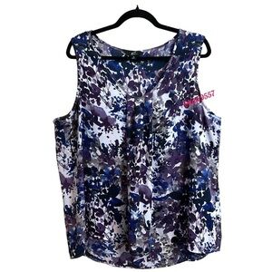 GNW Floral Watercolor Pleated Tank Women's Plus Size 2X Purple Blue Pleated Neck